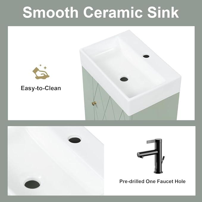 20" Floating Small Bathroom Vanity with Sink, Wall Mounted Vanity for Compact Bathrooms, Space-Saving Narrow Bathroom Vanities with Soft-Close Door Open Shelf Towel Bar (Green,20" Floating Door)