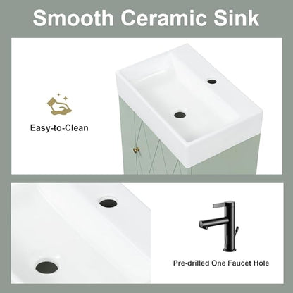 20" Floating Small Bathroom Vanity with Sink, Wall Mounted Vanity for Compact Bathrooms, Space-Saving Narrow Bathroom Vanities with Soft-Close Door Open Shelf Towel Bar (Green,20" Floating Door)