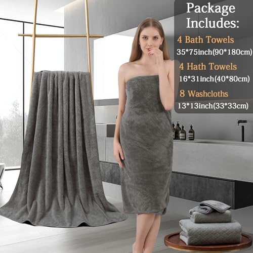 8-Piece Bath Towels Set,2 Oversized Large Bath Towels Sheet,2 Hand Towels and 4 Washcloths - 600 GSM Soft Microfiber Highly Absorbent Quick Dry Shower Towel Collection for Bathroom Hotel and Spa,Brown