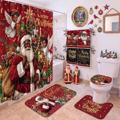 FuWeave 8 Pcs Merry Christmas Shower Curtain Set, Black Santa Angel Xmas Tree Red Plaid Farmhouse Bathroom Decor, Non-Slip Bath Rug, U Contour Mat, Toilet Lid Cover, Hand Towels & 12 Hooks