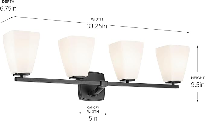 Kichler Marant 33.25" 4-Light Vanity Light with Opal Glass in Black, for Bathroom, Powder Room, Over a Mirror, (33.25" W x 9.5" H), 55217BK