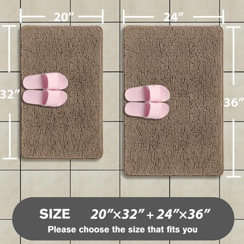Taupe Bathroom Rugs Sets 2 Piece – Absorbent and Washable Bath Mat, Non-Slip, Thick Soft Chenille Bath Rugs for Bathroom Floor, Shower, Sink - 20" x 32"+24" x 36"
