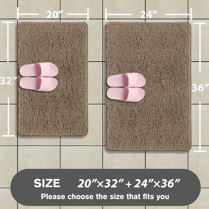 Taupe Bathroom Rugs Sets 2 Piece – Absorbent and Washable Bath Mat, Non-Slip, Thick Soft Chenille Bath Rugs for Bathroom Floor, Shower, Sink - 20" x 32"+24" x 36"