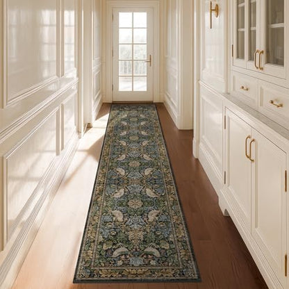 8ft Long Floral Kitchen Runners - 2x8 Runner Rug for Hallway Bathroom Laundry Room Bedroom Beside Bed Entryway, Boho Birds Leaves Patterned Non Slip Low Pile Washable Rugs