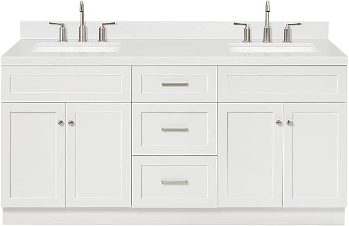 ARIEL Hamlet 72-inch Bathroom Vanity with Sink,Solid Wood, 1.5-inch Carrara White Quartz Countertop & Backsplash, Double Rectangular Porcelain Sink, 4 Soft Closing Doors, 3 Dovetail Drawers, White