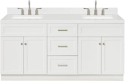 ARIEL Hamlet 72-inch Bathroom Vanity with Sink,Solid Wood, 1.5-inch Carrara White Quartz Countertop & Backsplash, Double Rectangular Porcelain Sink, 4 Soft Closing Doors, 3 Dovetail Drawers, White