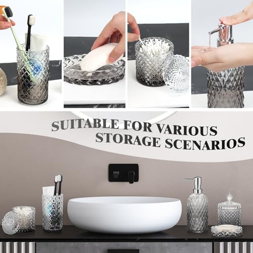 Bathroom Accessories Set, 5Pcs Bathroom Soap Dispenser Set, Glass Bathroom Accessories with Glass Soap Dispenser, Soap Dish, Toothbrush Holder, Tumbler, Qtip Holder