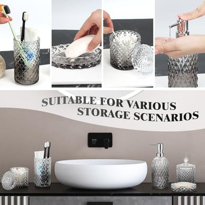 Bathroom Accessories Set, 5Pcs Bathroom Soap Dispenser Set, Glass Bathroom Accessories with Glass Soap Dispenser, Soap Dish, Toothbrush Holder, Tumbler, Qtip Holder