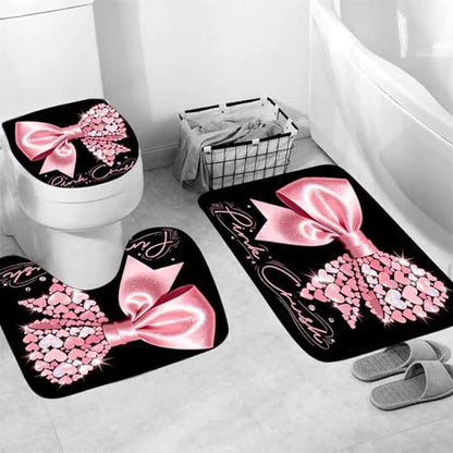 AZHM 4pcs Heart Bow Bathroom Shower Curtain Set with Rugs and Accessories