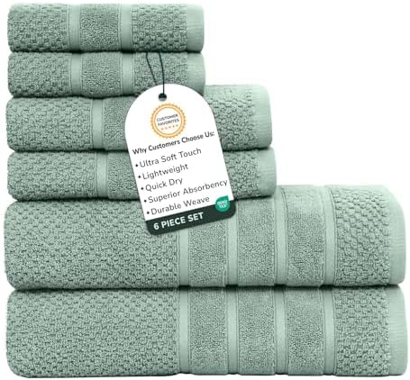 Feather & Stitch 100% Cotton 625 GSM Bath Towel Set of 6, Ultra Soft Highly Absorbent 2 Bath Towels, 2 Hand Towels & 2 Washcloth - Luxury Quick Dry Shower Towels (Granite Green)