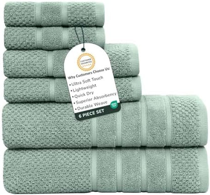 Feather & Stitch 100% Cotton 625 GSM Bath Towel Set of 6, Ultra Soft Highly Absorbent 2 Bath Towels, 2 Hand Towels & 2 Washcloth - Luxury Quick Dry Shower Towels (Granite Green)