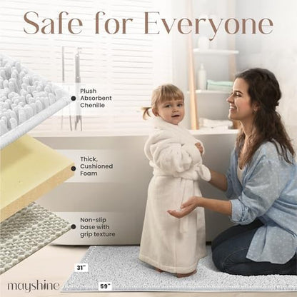 MAYSHINE Plush Shaggy Chenille Bath Mat | Extra Soft, Super Absorbent, Non-Slip Bathroom Rug | Fluffy Microfiber, Area Rug Sets for Bathroom Floor, Kitchen, Living Room | 59"x31" | White