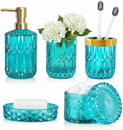 LaMarriti Teal Bathroom Accessorries Set, 5Pcs Glass Bathroom Set