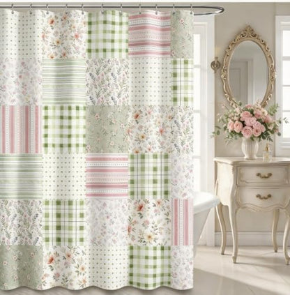 Green Floral Patchwork Shower Curtain Sage Green Pink Gingham Vintage Boho