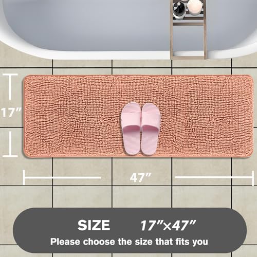 Bathroom Runner Rug 47 x 17 Inch – Long Bath Mat | Absorbent and Washable Thick Chenille Bath Rug Non-Slip Runner Rug for Bathroom, Shower, Sink(Dusty Pink)