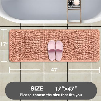 Bathroom Runner Rug 47 x 17 Inch – Long Bath Mat | Absorbent and Washable Thick Chenille Bath Rug Non-Slip Runner Rug for Bathroom, Shower, Sink(Dusty Pink)