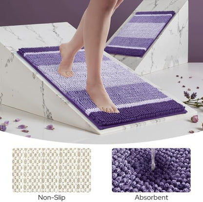 HOMEIDEAS Purple Bathroom Rugs Set of 2, Striped Chenille, 20"x32"+17"x24"