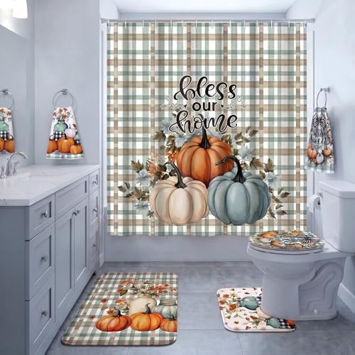 Honoson 8 Pcs Fall Pumpkin Plaid Shower Curtain Set, Bless Our Home Farmhouse Country Bath Decor with Non Slip U Mat, Rectangular Toilet Cover Towels for Autumn Thanksgiving Housewarming Decor