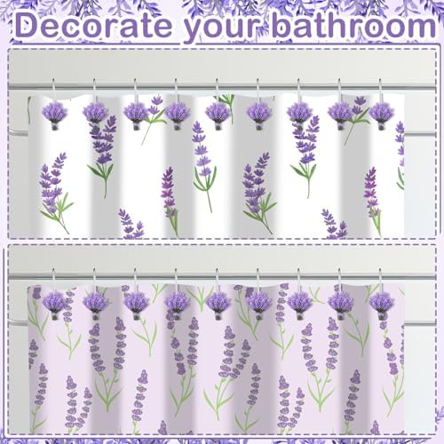Amyhill 12 Pcs Lavender Shower Curtain Hooks Purple Floral Decorative Hooks Rings Bulk Cute Hanger Stainless Steel Resin Spring Flower Themed Shower Hook for Bathroom Bedroom Home Living Room Decor