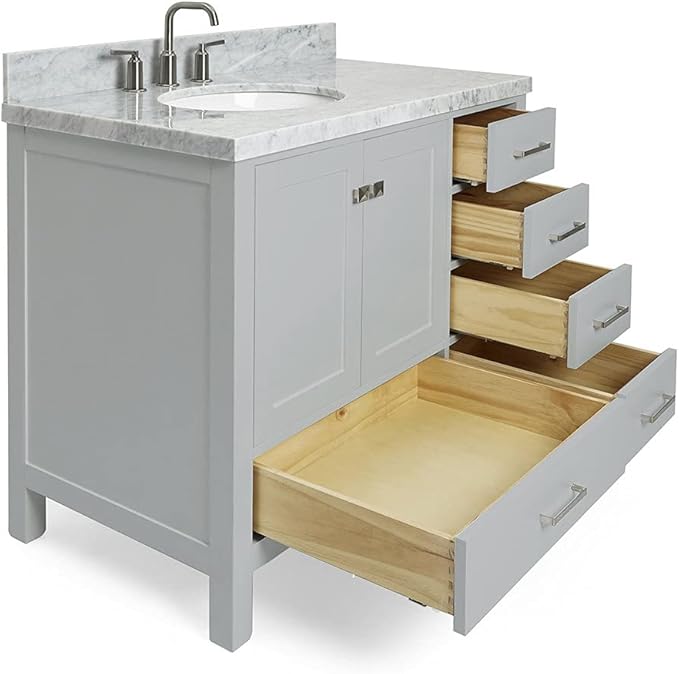 ARIEL Cambridge 42-inch Bathroom Vanity with Sink,Solid Wood, 1.5-inch Italian Carrara Marble Countertop & Backsplash, Single Oval Porcelain Sink, 2 Soft Closing Doors, 5 Dovetail Drawers, Grey