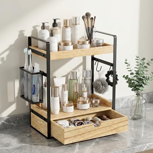 2-Tier Bathroom Counter Organizer with Drawer Basket and Hooks, Wood Bathroom Organizers and Storage for countertop, Farmhouse Brown Countertop Organizer, Counter Shelf for Vanity, Kitchen, Office