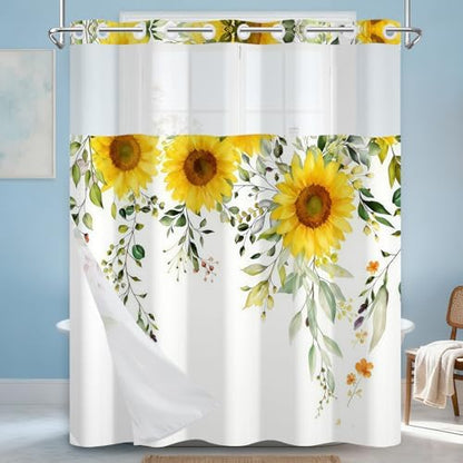 No Hook Sunflower Shower Curtain with Snap in Liner 71x74 Inch