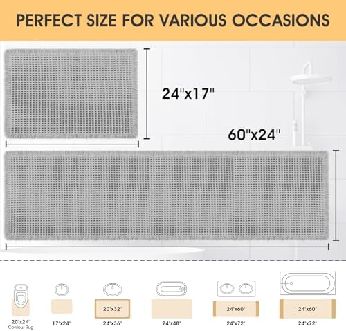 IM HOME Waffle Bath Mat Set 2 Piece Light Grey,Woven Modern Bath Rug Mats, Absorbent Non Slip Bath Floor Mat, Soft Washable Boho Bath Rugs with Tassels for Bathroom, Bedroom, Kitchen,Tub