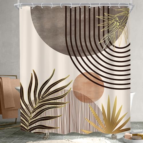 Mid Century Boho Abstract Gray Modern Brown Bathroom Shower Curtain Set