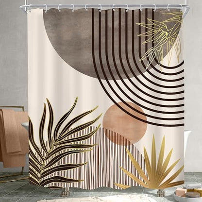 Mid Century Boho Abstract Gray Modern Brown Bathroom Shower Curtain Set