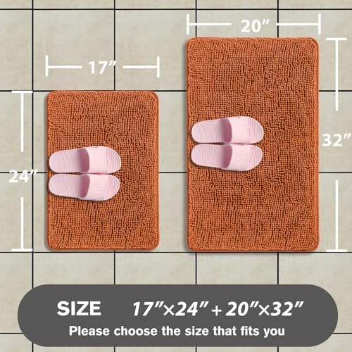 Burnt Orange Bathroom Rugs Sets 2 Piece – Absorbent and Washable Bath Mat, Non-Slip, Thick Soft Chenille Bath Rugs for Bathroom Floor, Shower, Sink - 17" x 24"+20" x 32"