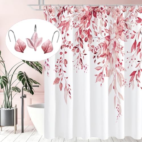 Pink Plant Leaf Shower Curtain Hooks,Eucalyptus Bathroom Decor,12PCS