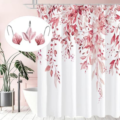 Pink Plant Leaf Shower Curtain Hooks,Eucalyptus Bathroom Decor,12PCS