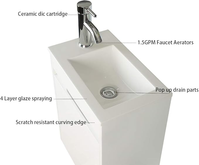 UEV Small Bathroom Vanity Wall Mounted, White, 16*9.8*20.3 in (L*W*H), Modern Style with Ceramic Sink and Chrome Faucet