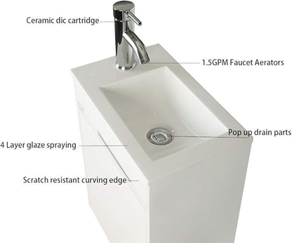UEV Small Bathroom Vanity Wall Mounted, White, 16*9.8*20.3 in (L*W*H), Modern Style with Ceramic Sink and Chrome Faucet