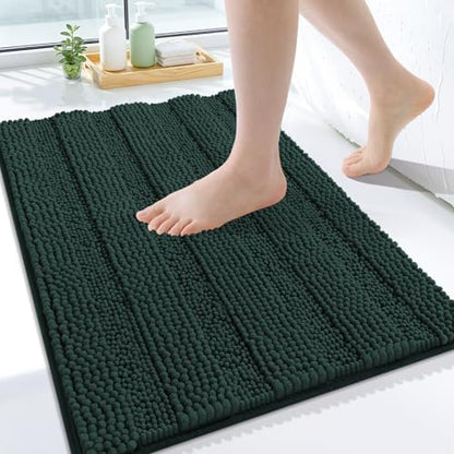 Grandaily Chenille Striped Bathroom Rugs 24x16, Extra Thick and Absorbent Bath Mats, Non-Slip Soft Plush Shaggy Shower Carpet, Machine Wash Dry, Bath Rug for Bathroom, (Small, Dark Green)
