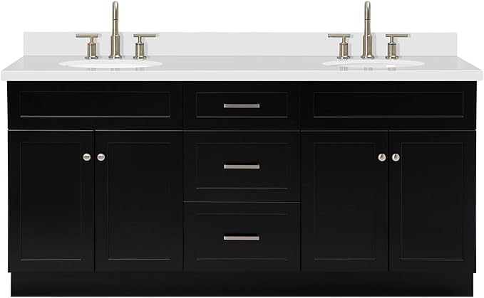 ARIEL Hamlet 72-inch Bathroom Vanity with Sink,Solid Wood, 1.5-inch Pure White Quartz Countertop & Backsplash, Double Oval Porcelain Sink, 4 Soft Closing Doors, 3 Dovetail Drawers, Black