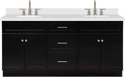 ARIEL Hamlet 72-inch Bathroom Vanity with Sink,Solid Wood, 1.5-inch Pure White Quartz Countertop & Backsplash, Double Oval Porcelain Sink, 4 Soft Closing Doors, 3 Dovetail Drawers, Black