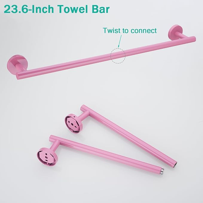 Pink Bathroom Hardware Set,5 Pieces Bathroom Towel Bar Set,24 inch Towel Bar,Towel Ring for Bathroom,Robe Towel Hooks,Toilet Paper Holder Wall Mounted(Drilling),SE96006S-5PK