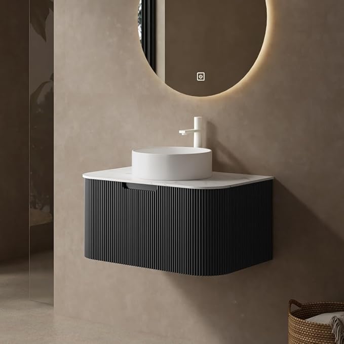 30'' Bathroom Vanities Cabinet with Sink Combo, Wall Mounted Floating Cabinet W/Curved Edges Stripes, Oak Plywood, Soft-Close System with a Drawer, White Round Ceramic Basin - Kiel, Black