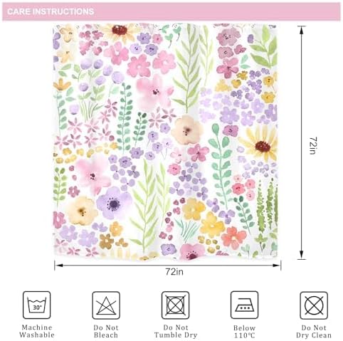 Pink Purple Cute Floral Boho Spring Kids Girls Bathroom Shower Curtain Set | 72"W x 72"H Wildflower Watercolor; waterproof HD print, quick-dry fabric with 12 hooks for easy hanging.