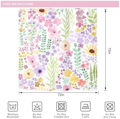 Pink Purple Cute Floral Boho Spring Kids Girls Bathroom Shower Curtain Set | 72"W x 72"H Wildflower Watercolor; waterproof HD print, quick-dry fabric with 12 hooks for easy hanging.
