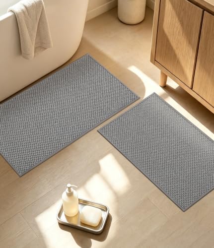 YIHOUSE Light Grey Bathroom Rugs Sets 2 Pieces,Thin Bath Mat Quick Dry