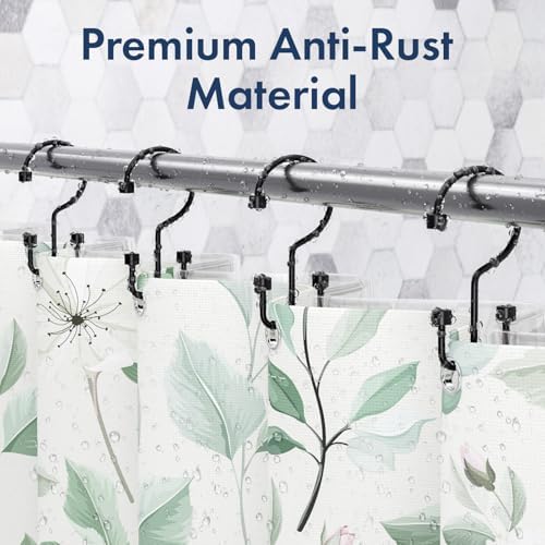 Bathway Shower Curtain Hooks Matte Black Shower Curtain Rings, 12 Pcs Double Hook Shower Curtain Hooks Rings Shower Curtain Hangers Rust Proof, Metal Shower Hooks for Bathroom Shower Curtain Rod