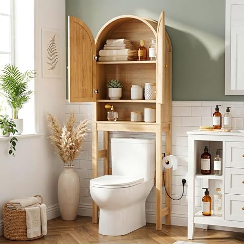 HMstone Over The Toilet Storage Cabinet, Arched Bathroom Organizer and Storage with Doors and Adjustable Shelf, Space-Saving Freestanding Bathroom Modern Storage Cabinet Over Toilet (Natural)