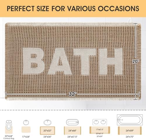 Waffle Bath Mat, Boho Woven Modern Bath Rug Absorbent Non Slip, Ultra Soft Bathroom Mats, Machine Washable Knit Bath Rugs with Bath Letter for Bathroom, Bedroom, Kitchen, Tub, 36"x24", Beige & White