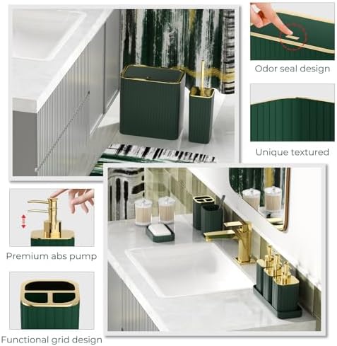 Bathroom Set - Bathroom Accessory Set, Dark Green Bathroom Set, 26PC Bathroom Sets with Shower Curtain and Rugs, Toilet Brush, Trash Can, Qtip Holder & Bathroom Soap Dispenser Set