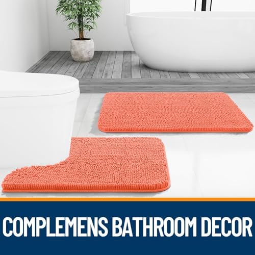 OLANLY Chenille Bathroom Rugs Mats Sets 2 Piece, 59"x20"+30"x20", Coral