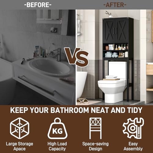 Vabches Over The Toilet Storage Cabinet with Adjustable Shelf, Black