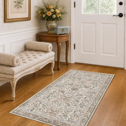 Boho Moss 2x4 Small Rugs for Entryway, Vintage Washable Low Pile & Soft Throw Rugs for Kitchen, Bathroom - Classic Home Décor, Bird & Botanical Design Stain Resitant Non Slip Carpet