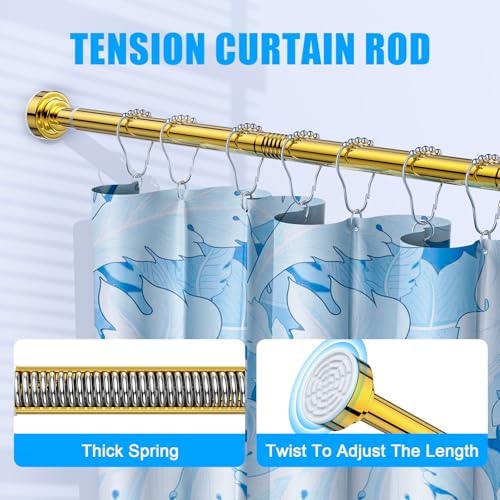 TEECK Shower Curtain Rod, 32-43 inch Adjustable Spring Tension Curtain Rod, Never Rust Anti-Slip Shower Curtain Rod for Bathroom, No Drilling, Never Collapse, Easy to Use, Gold